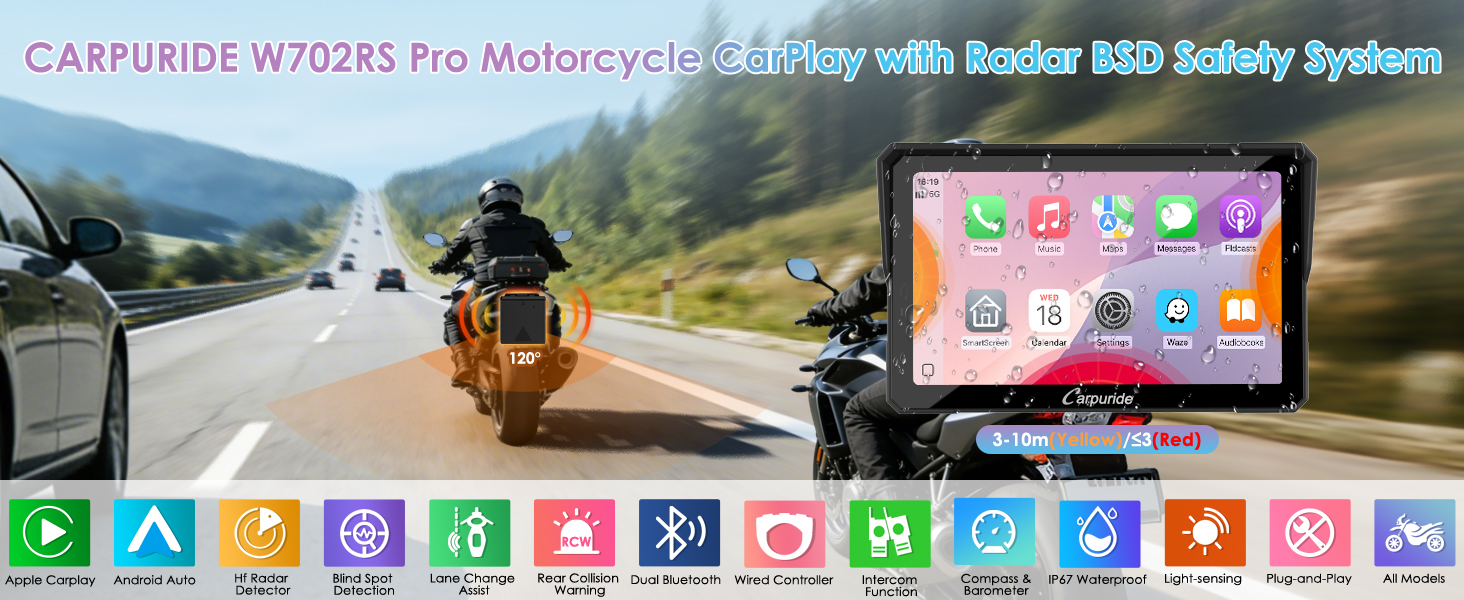Text reads 'CATFRIDE W7025S Pro Motorcycle Safety with Bicolor BSD Safety System'. Dashboard display showing navigation and app icons across top of screen.
