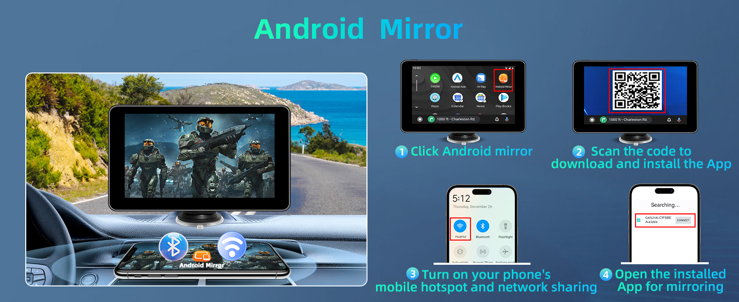 Infographic for 'Android Mirror' app showing car dashboard with screen, smartphone screens, and instructions for installation and use. Text includes 'Click Android mirror' and 'Scan QR code to download and install the App'.