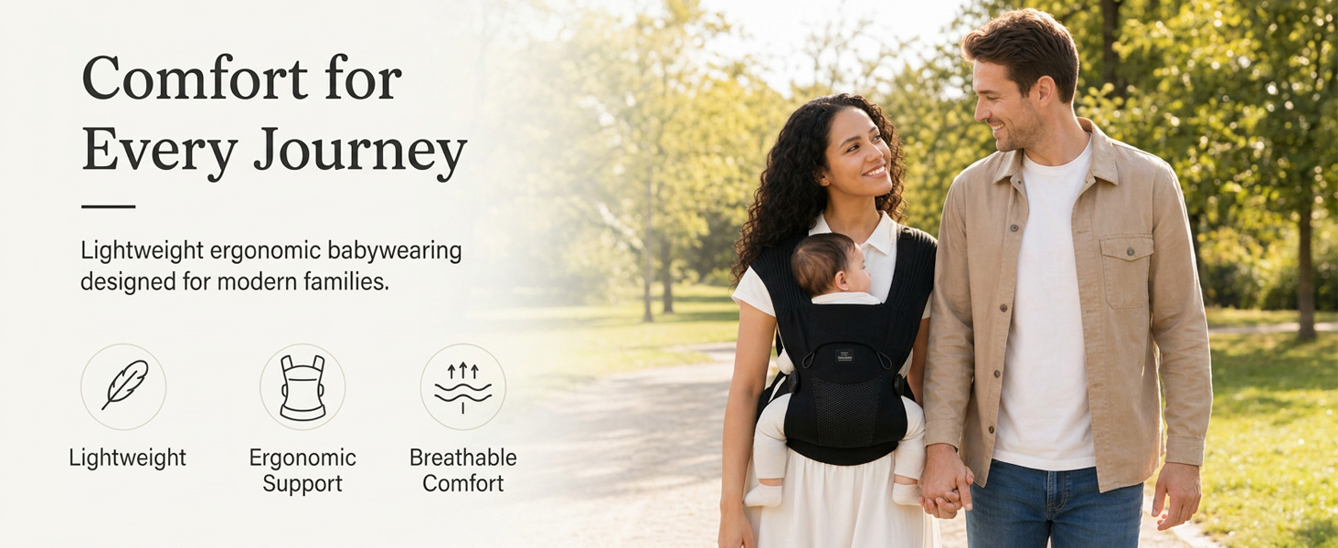 Text reads "Comfort for Every Journey" with feature labels "Lightweight", "Ergonomic Support", "Breathable Comfort". Couple wearing black baby carrier while standing outdoors in park setting.
