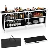Portable outdoor kitchen setup with aluminum frame, folding side tables, windscreen, storage cabinet, and wire rack. Includes gray carrying case for transport.