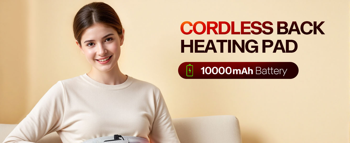 Cordless back heating pad with 10000mAh battery. Woman in white sweater sitting on couch, holding rectangular device on lap.