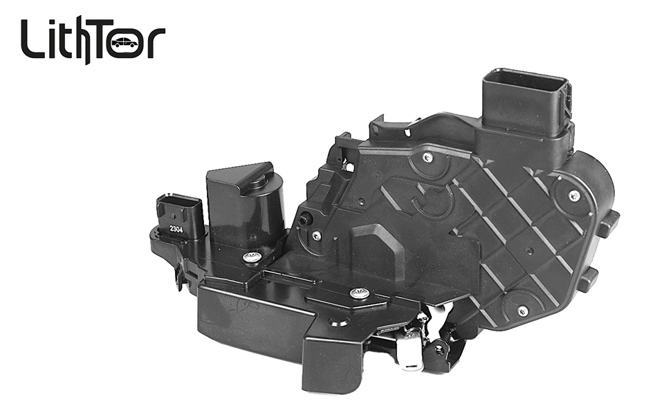 Text reads 'LithTer'. Black automotive door latch mechanism with textured surface pattern and multiple mechanical components visible.