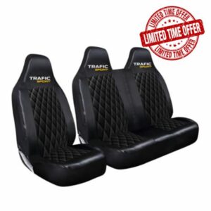 FITS RENAULT TRAFIC SPORT - PREMIUM QUILTED BLACK LEATHER FRONT DRIVER & PASSENGER SEAT COVERS SET HEAVY DUTY WATERPROOF SEAT PROTECTORS 2+1 SINGLE + DOUBLE 956