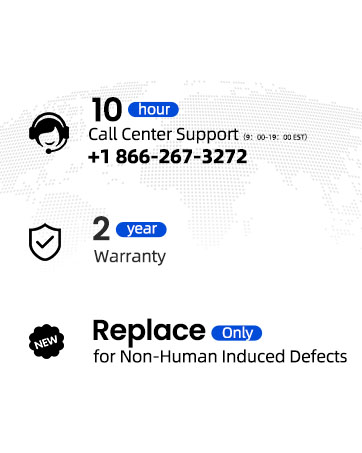 Text reads "10 hour Call Center Support +1 866-267-3272", "2 YEAR Warranty", "Replace ONLY for Non-Human Induced Defects". Support and warranty information with customer service hours, phone number, and replacement policy details.