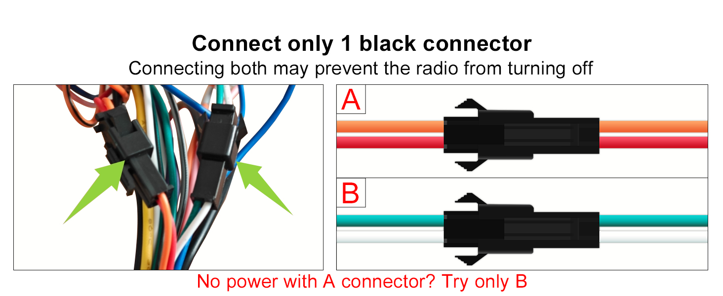 Technical diagram showing proper wiring connection instructions between radio and connector, with color-coded wires and a warning about connecting risks preventing radio from turning off.