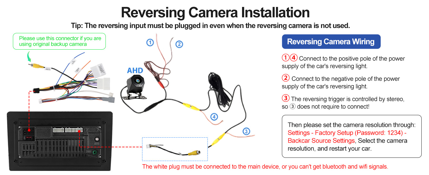 Text reads: 'Reversing Camera Installation'. Technical diagram showing wiring and installation instructions for vehicle backup camera with numbered steps and connection points.