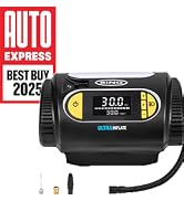 Text reads 'AWARD WINNING' and 'ULTRAINFLATE'. Digital tire inflator display showing 7.00 PSI reading with yellow accent details. Hand holding black and yellow pressure gauge device.