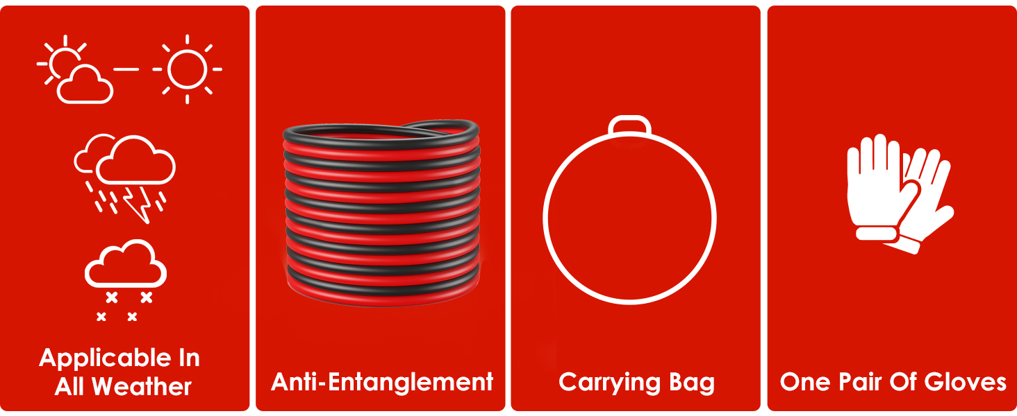 Red circular storage bag containing emergency jumper cables or booster cables, with safety icon visible on packaging.