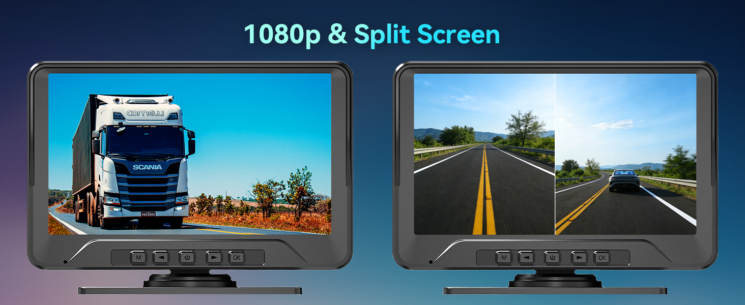 Text reads '1080p & Split Screen'. Multiple monitor displays showing vehicle dashboard views and road scenes, demonstrating split-screen capability and high resolution.
