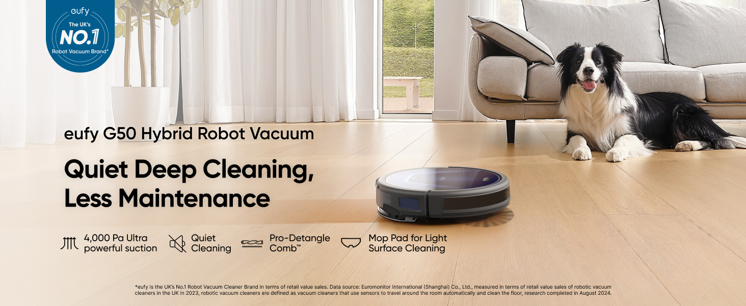 Eufy G50 Hybrid Robot Vacuum cleaner shown in a living room setting with promotional text highlighting quiet operation and low maintenance features.