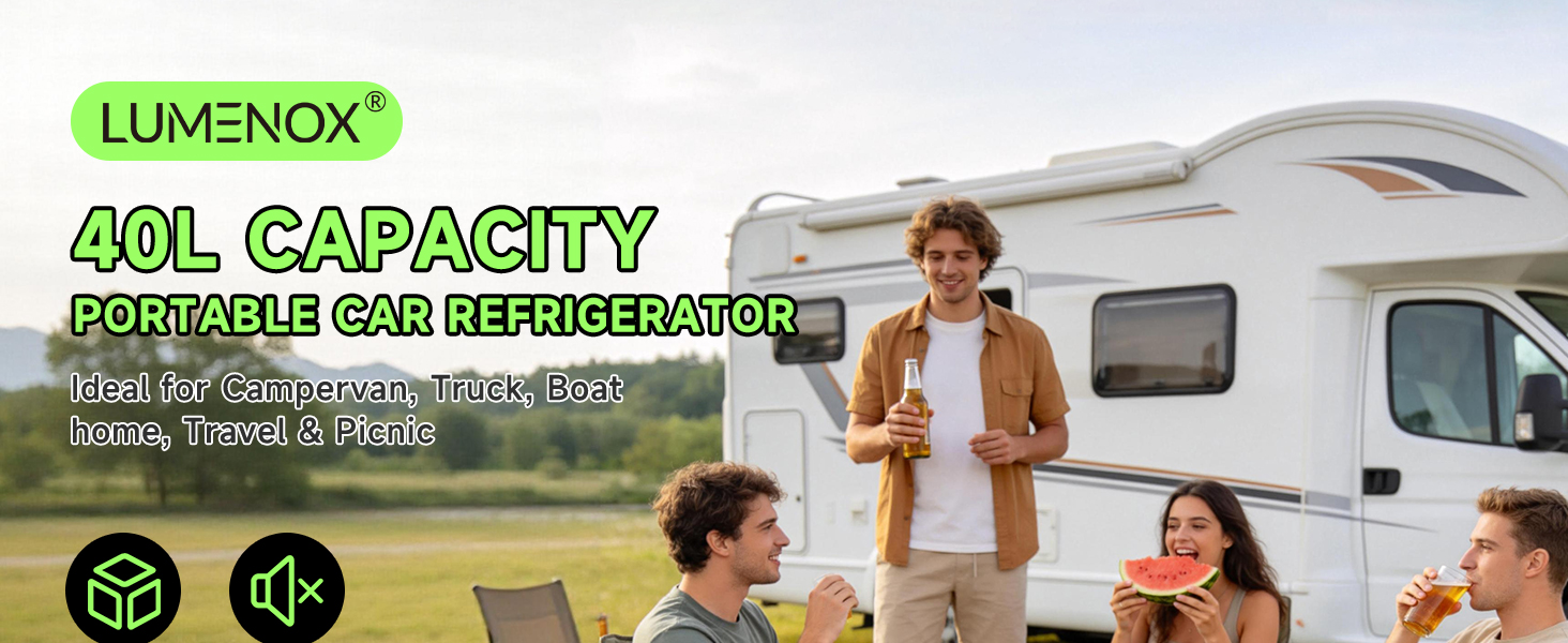 Text reads 'LUMENOX' '40L CAPACITY' 'PORTABLE CAR REFRIGERATOR' 'Ideal for Campervan, Truck, Boat home, Travel & Picnic'. White portable refrigerator on campervan with multiple people around it in outdoor travel setting; feature icons displayed below.