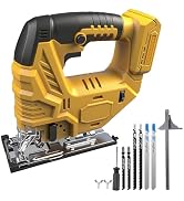 Multiple views of a blue electric jigsaw power tool with various blade attachments and accessories shown from different angles.