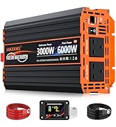 Text reads '2500W 5000W'. Power inverter with black and orange housing, shown with red and black cables and digital display unit.