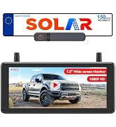 Wireless solar-powered backup camera system with HD 1080P display. Shows license plate frame camera and monitor displaying child on bicycle behind vehicle.