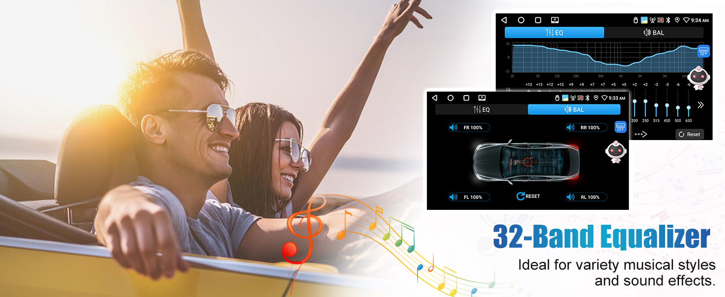 a couple in a car with music notes on the dashboard