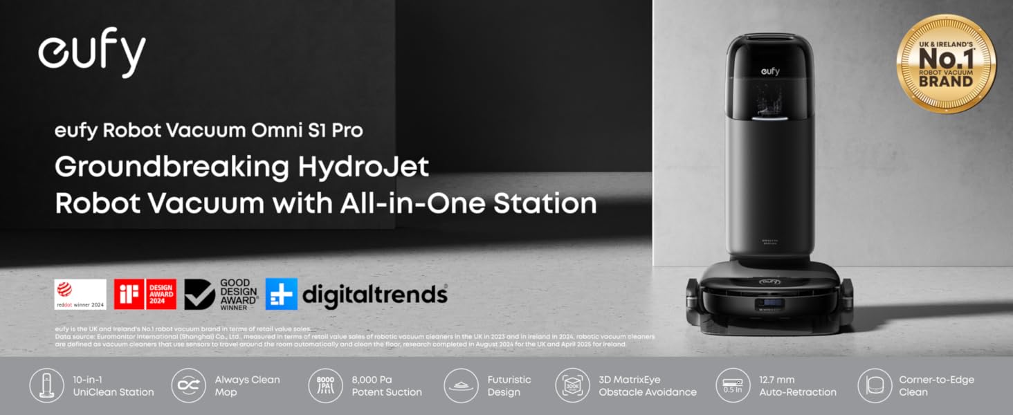 Text reads 'eufy' and 'Groundbreaking HydroVac Robot Vacuum with Auto-Care Station'. Product image shows a black robotic vacuum device with charging station against dark background.