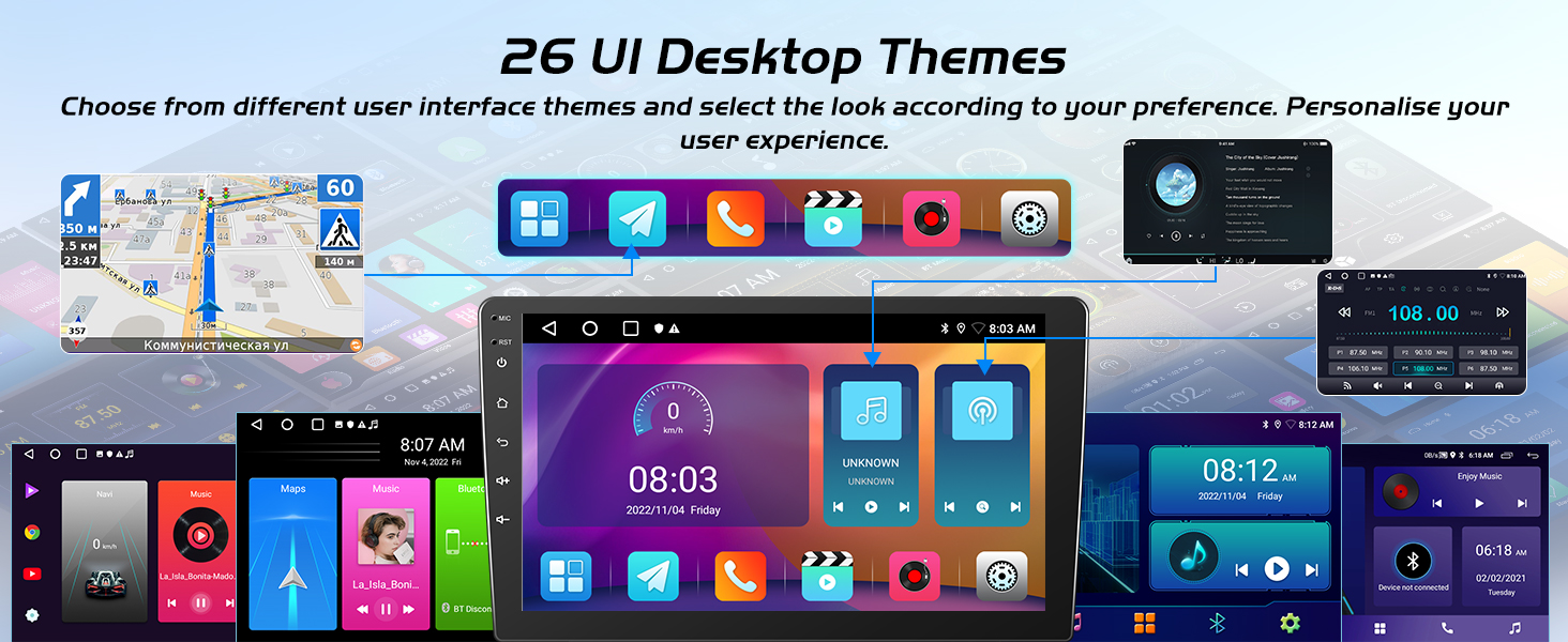 Text reads: '26 UI Desktop Themes'. Multiple computer interface screenshots showing various colorful desktop themes and customization options.
