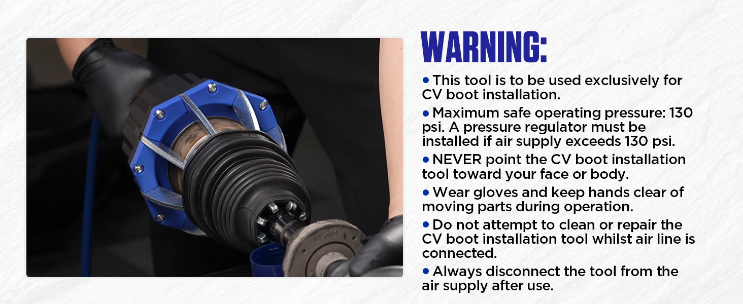 Text reads: 'WARNING: This tool is to be used exclusively for...' Safety warning label with multiple bullet points about maximum operating pressure and usage instructions.