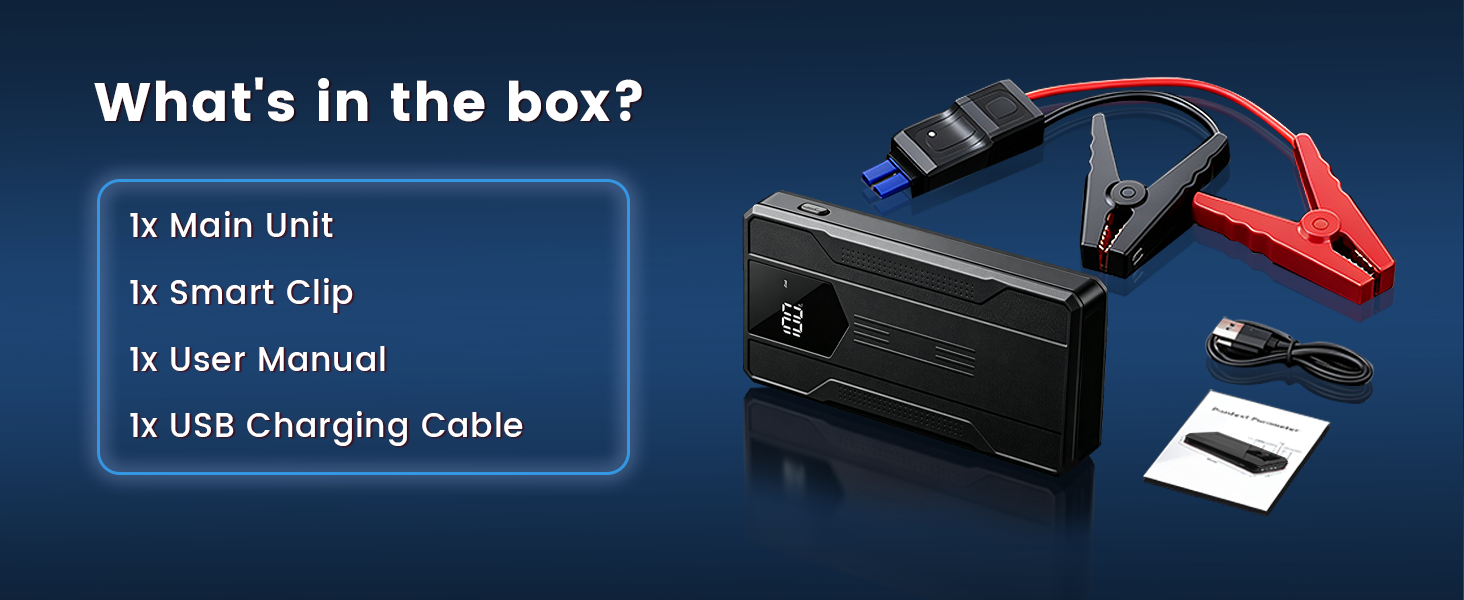 Text reads 'What's in the box?' listing 'Is Main Unit', 'Is Smart Strap', 'Is User Manual', 'Is USB Charging Cable'. Product contents information panel on dark blue background with checklist format.