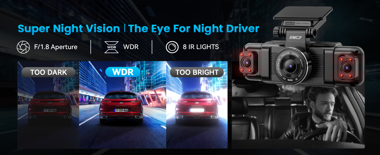 Dual-lens dashcam with night vision capability. Features F1.8 aperture, WDR, and IR lights. Demonstrates low-light performance with images of cars in dark, normal, and bright conditions.