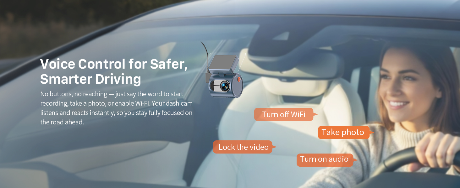 Text reads 'Voice Control for Safer, Smarter Driving'. Multiple screenshots showing a car interior interface and smartphone app controls with a white dog visible in one panel.