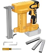 Cordless nail gun with blue body and black grip, shown with orange box, metal nails, and wooden dowels. Product name visible on packaging.