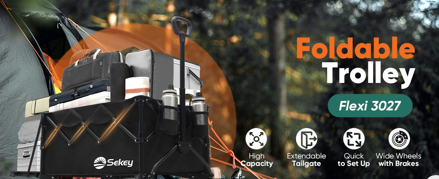 Foldable trolley with black collapsible frame, wide wheels, and expandable tailgate. Features high capacity and quick setup. Product name: Flexi 3027.