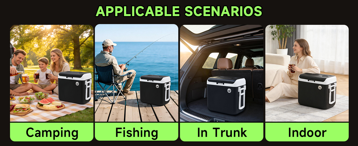 Text reads "APPLICABLE SCENARIOS" with four labeled usage scenarios: "Camping", "Fishing", "In Trunk", "Indoor", each with corresponding lifestyle imagery demonstrating portable device applications.