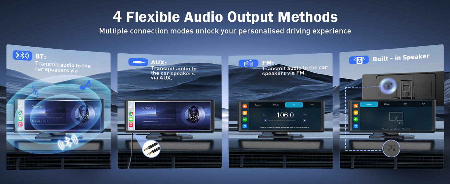 Text reads '4 Flexible Audio Output Methods'. Series of technical interface screenshots showing audio output options and settings panels.