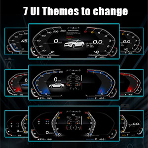 Text reads 'Support Steering Wheel Control'. Multiple dashboard displays showing vehicle interface controls and digital screens with blue accent lighting.
