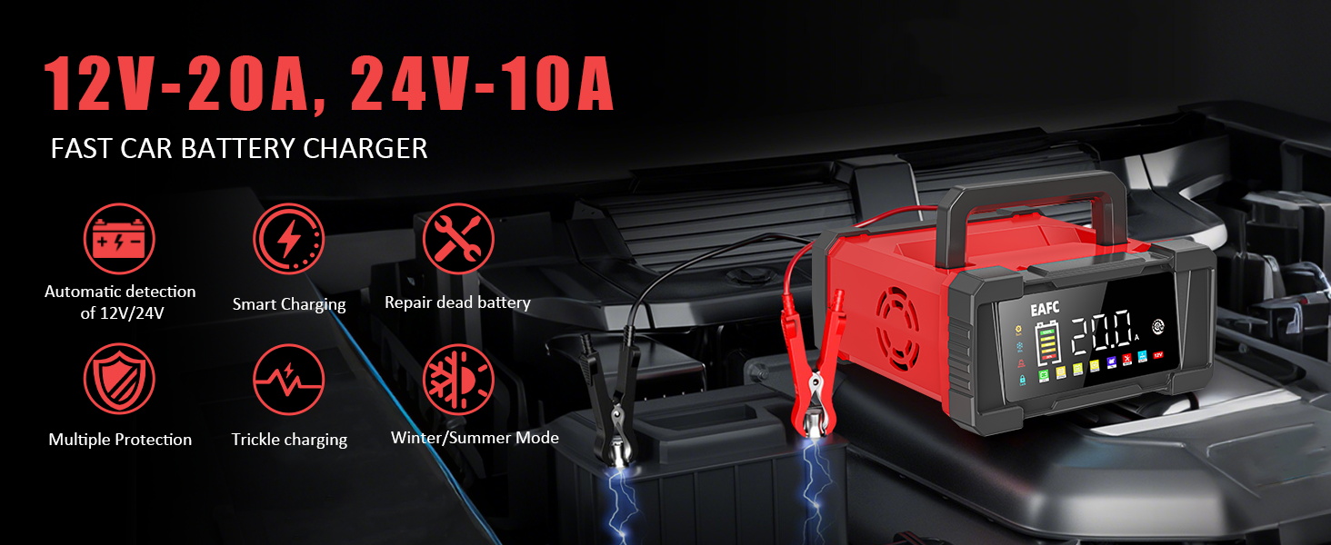 Text reads '12V-20A 24V-10A FAST CAR BATTERY CHARGER'. Red and black battery charger with technical specifications and indicator icons shown against dark background.