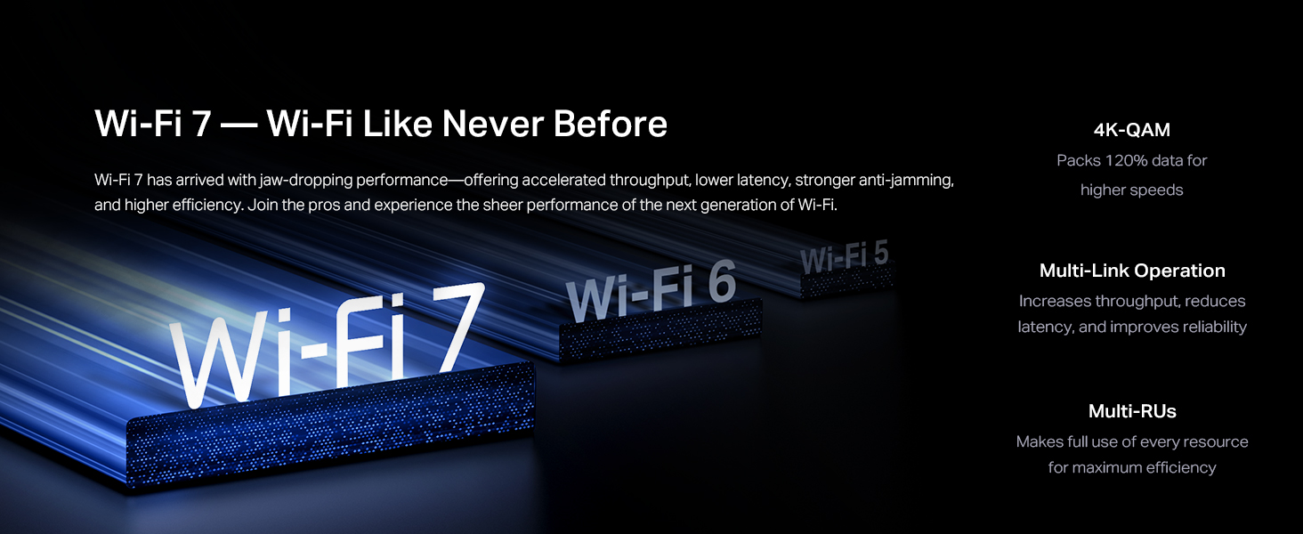 Text reads 'Wi-Fi 7 — Wi-Fi Like Never Before'. Banner image showing blue technological interface or circuit board pattern with white text overlay.