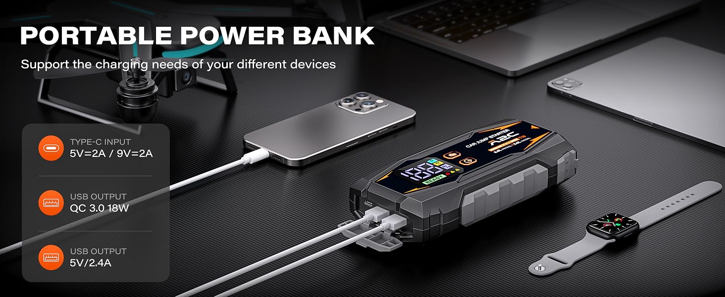 Text reads 'PORTABLE POWER BANK'. Product images showing slim black power bank with digital display and charging capabilities.