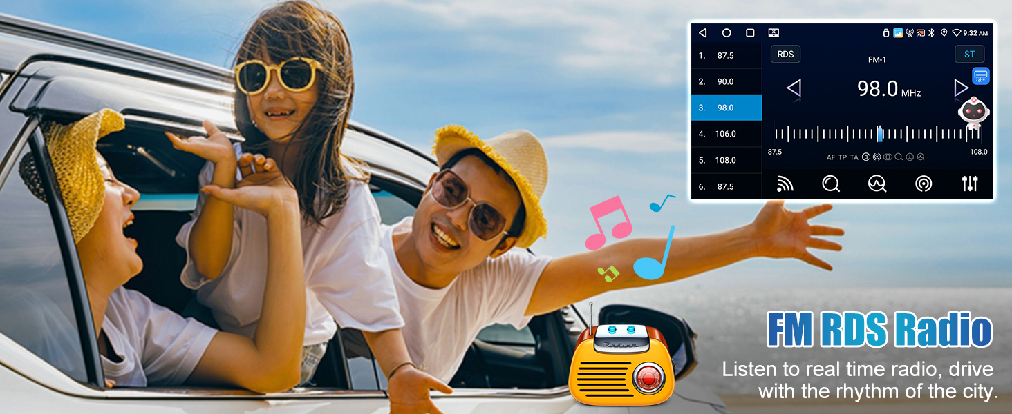 a man and woman sitting in a car with a music player in the window.