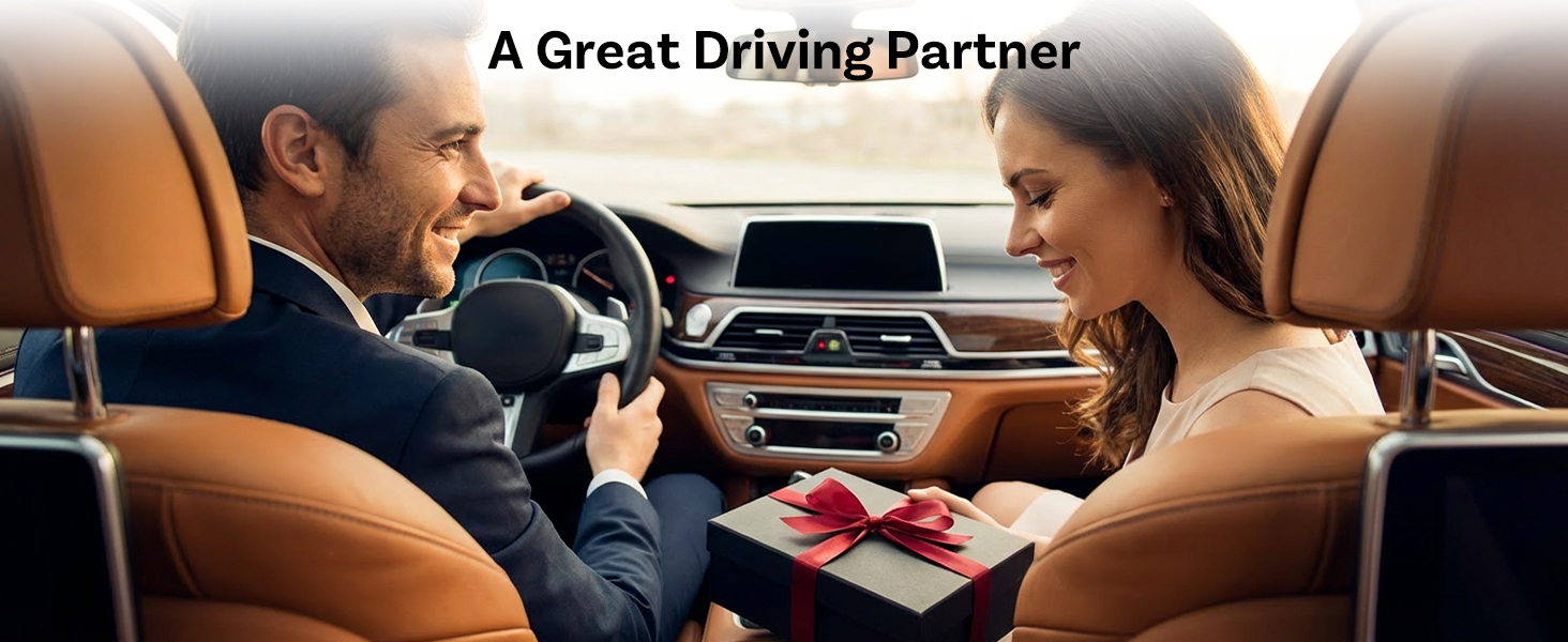 Text reads 'A Great Driving Partner'. Interior car view showing two passengers in front seats engaged in conversation.