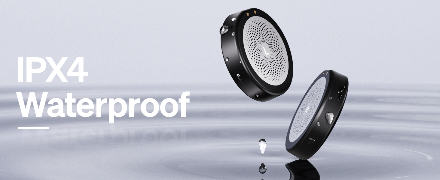 Two circular black devices with mesh surfaces splashing into water, demonstrating IPX4 waterproof rating.