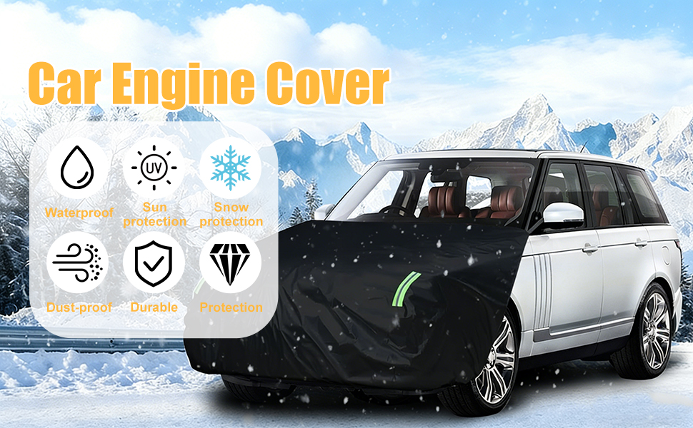 Text reads 'Car Engine Cover'. Multiple images of vehicles in winter conditions with icons showing protection against water, sun, and snow elements.