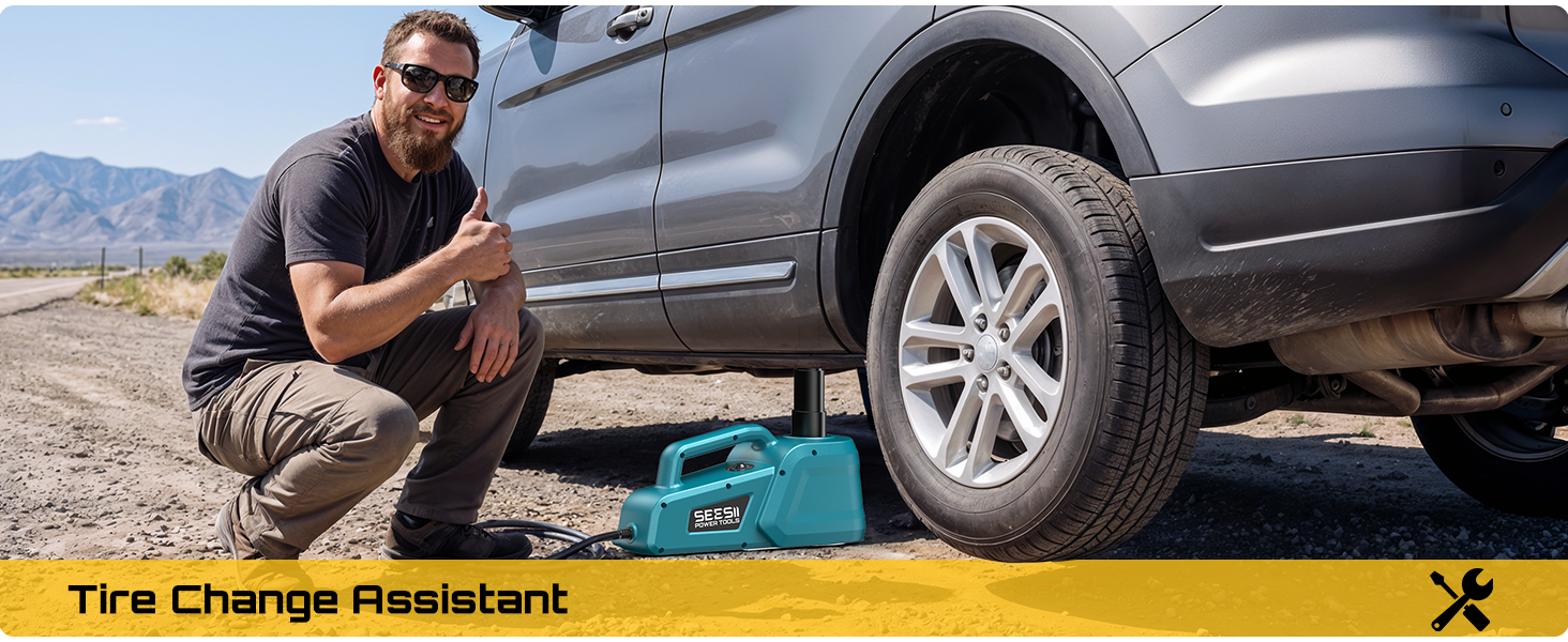 Text reads 'Tire Change Assistant'. Scene showing person working under a vehicle with blue equipment, demonstrating tire-related maintenance.