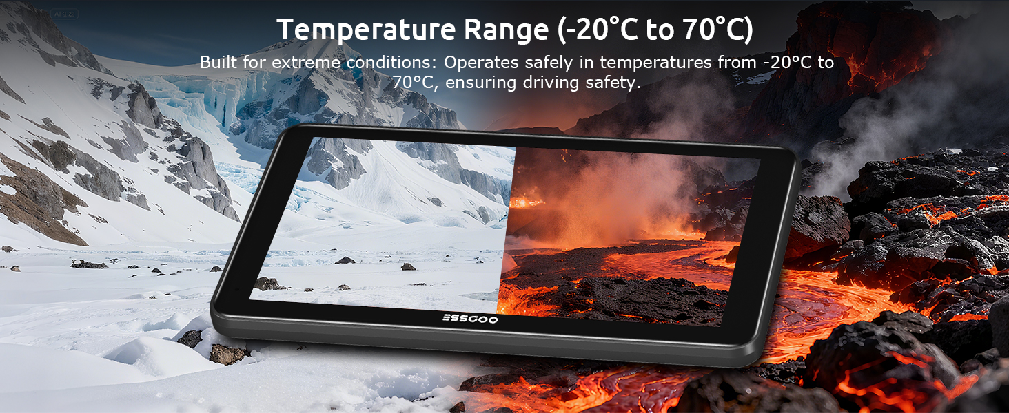 Text reads 'Temperature Range (-20°C to 70°C)'. Marketing collage showing multiple views of a portable fan in black color being used in different settings like desk and outdoors.