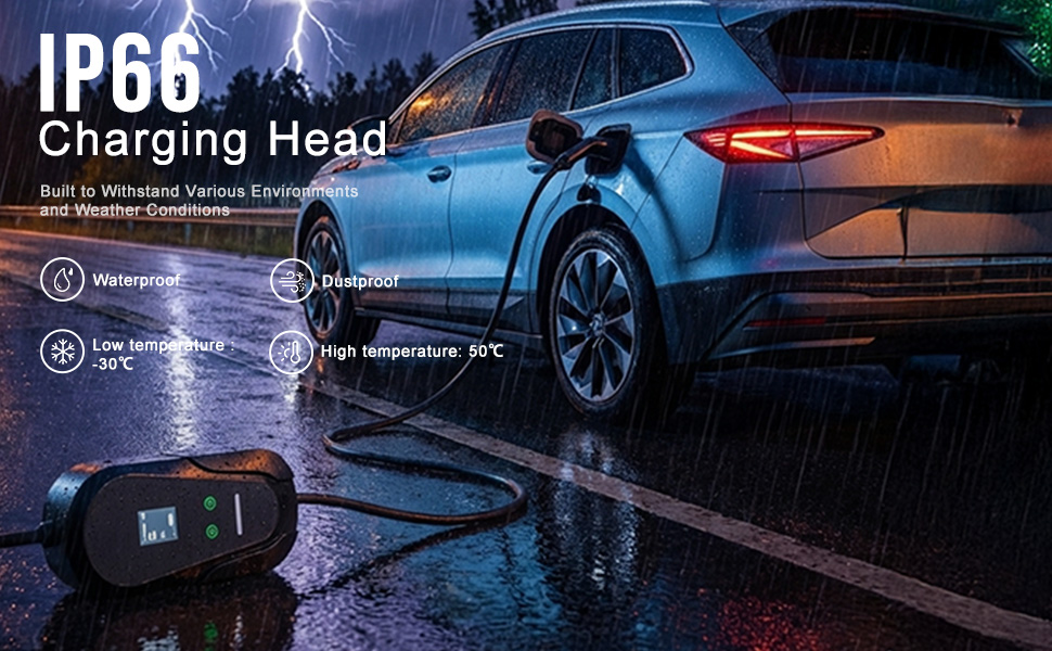 Text reads 'Type 2' and 'EV Charging Extension Cable'. Multiple product shots of black charging cable and electric vehicle charging connection points.