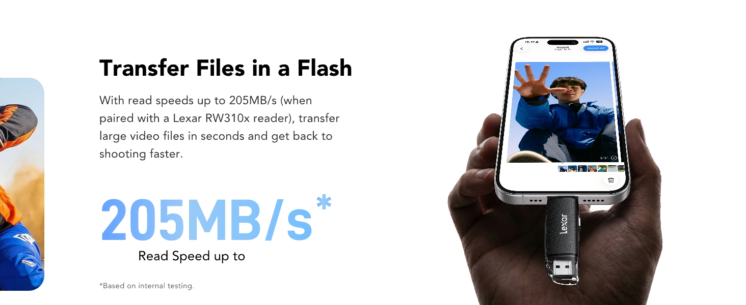 Text reads 'Transfer Files in a Flash' and '205MB/s Read Speed up to'. Smartphone in black holder with data transfer speed specification displayed on screen.