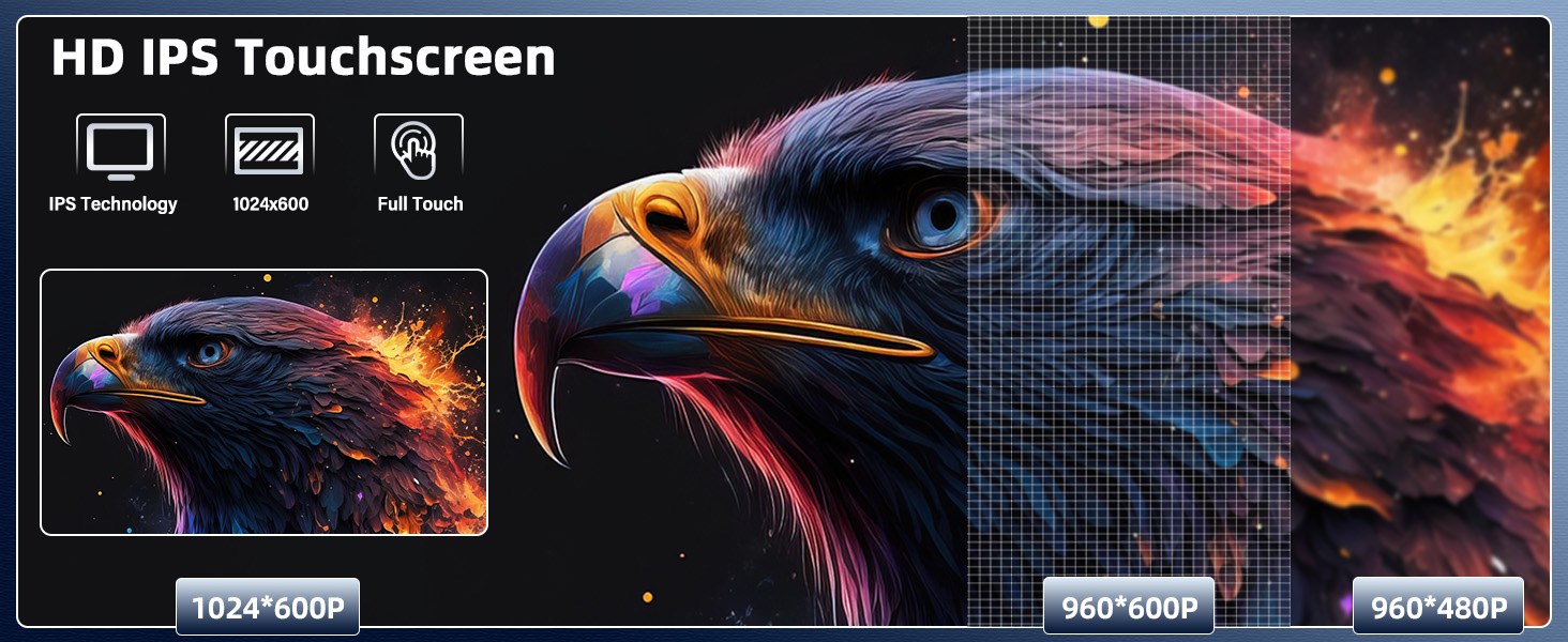 Text reads 'HD IPS Touchscreen' with product specification icons. Graphic displaying close-up eagle head with thermal imaging effect and digital grid pattern.
