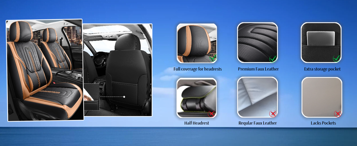 Car seat cover product display showing brown and black leather seat covers with multiple views and included accessories like storage organizers and seat protectors.