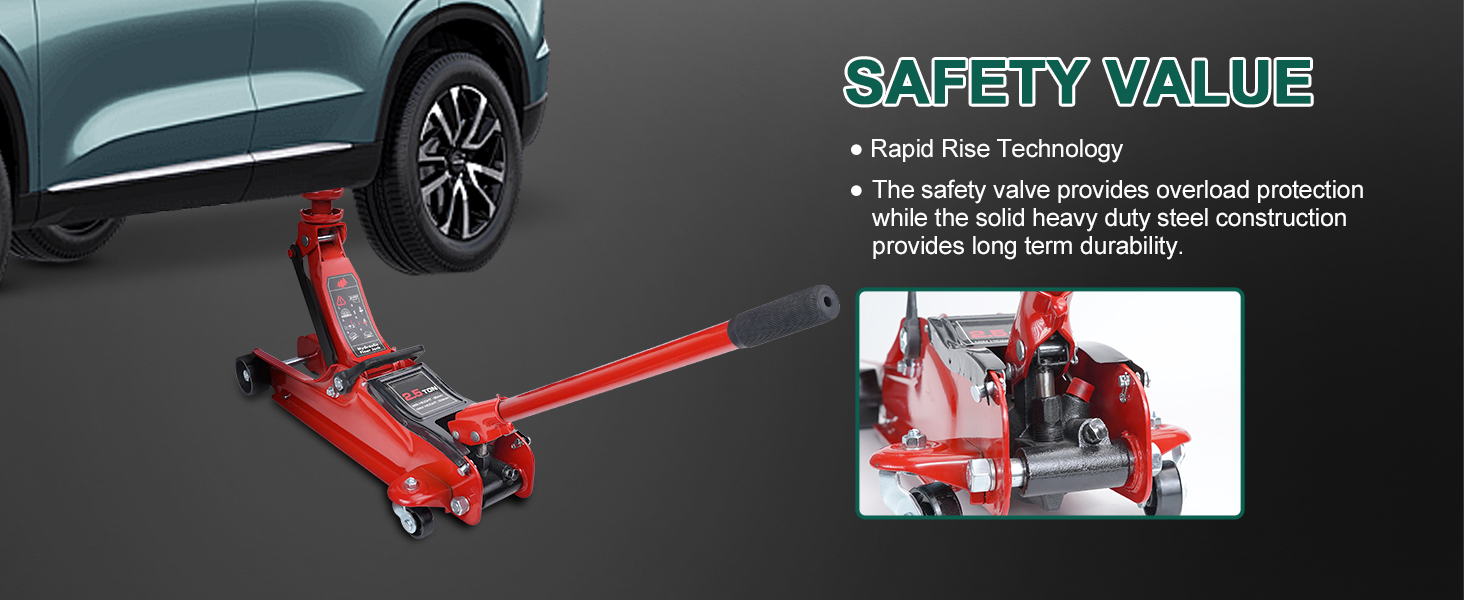 Text reads 'SAFETY VALUE'. Multiple views of red automotive jack or lift equipment against dark background with wheel visible.