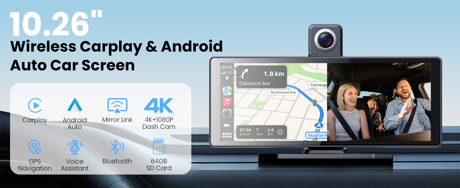 Text reads 'Wireless Carplay & Android Auto Car Screen'. Interface displaying navigation and media controls in vehicle dashboard setting.