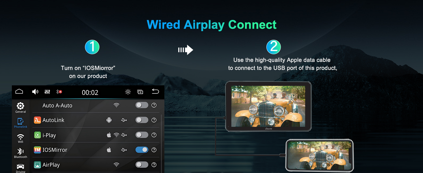 Text reads 'COMMAND RESPECT' and 'Wired Airplay Connect'. Screenshots of a digital interface or media player showing various controls and playback options.