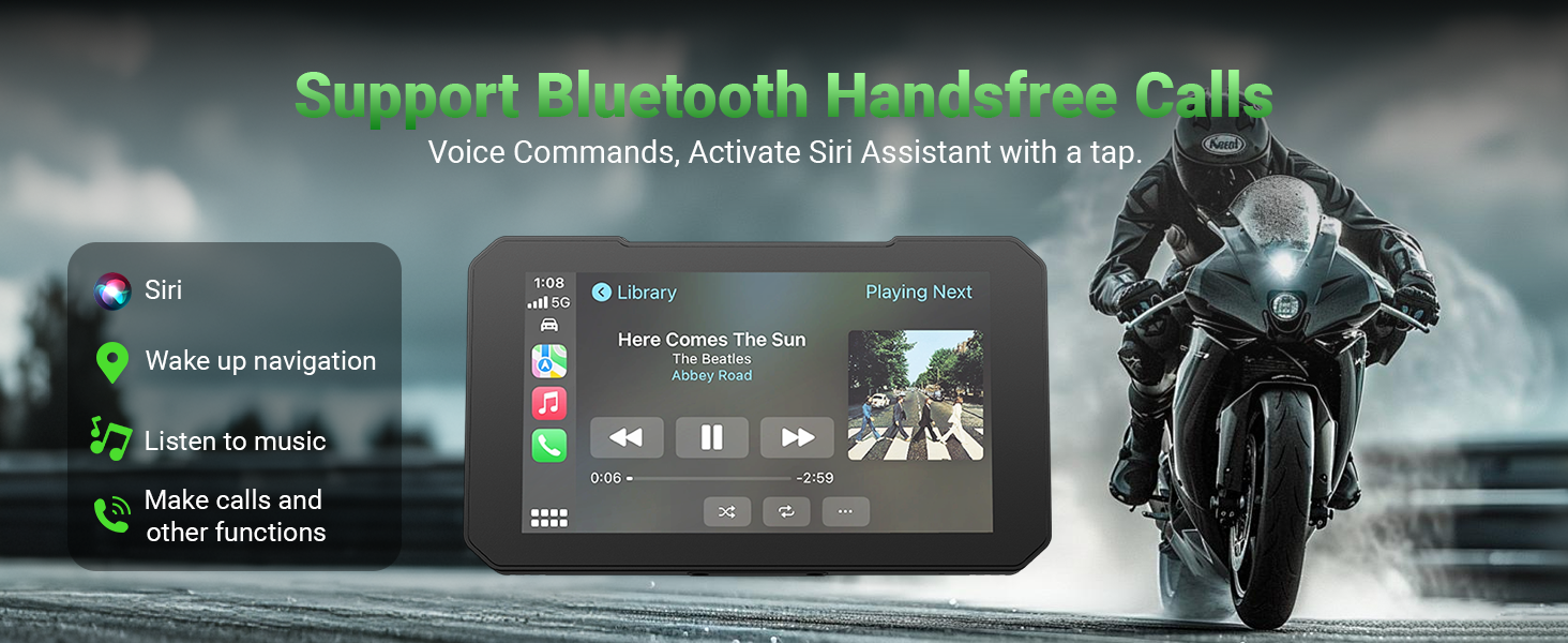 Text reads 'Support Bluetooth Hands-free Calls'. Interface display showing mobile connectivity features with green icons and text on dark background.