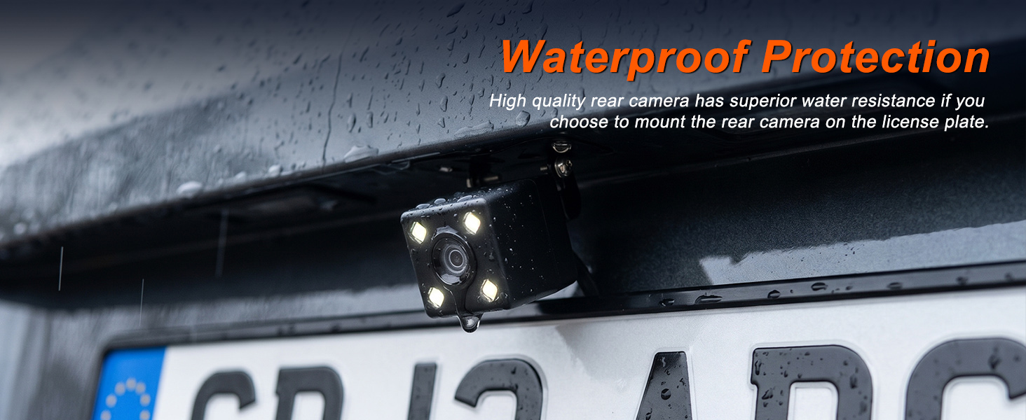 Text reads 'Waterproof Protection'. Close-up of black vehicle surface or windshield with water beading, demonstrating waterproof coating protection against moisture and rain elements.