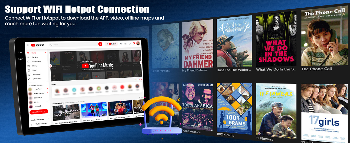 Text reads 'Sunpurt WIFI Hotnet Connection'. Collage of streaming service interfaces including Netflix and other entertainment platforms with WiFi symbol overlay.