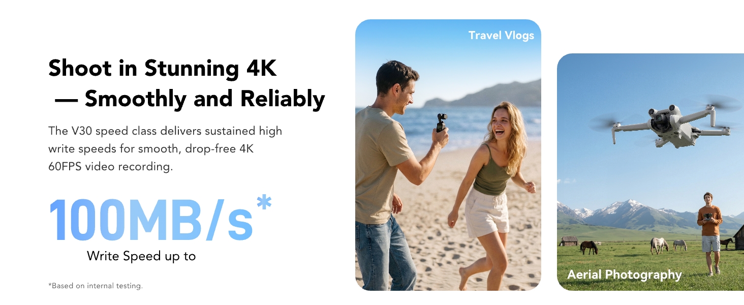 Text reads: 'Shoot in Stunning 4K — Smoothly and Reliably', '100MB/s', 'With high-end drones and action cameras'. Promotional image showing drone footage capability with two photos: couple on beach and aerial drone photography landscape scene.